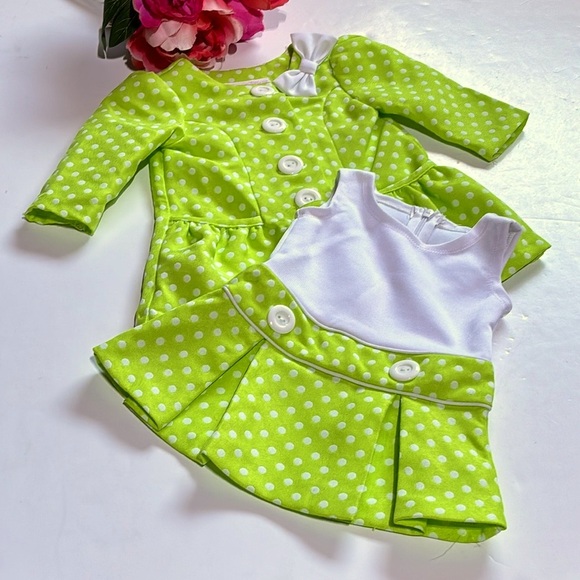 60s LIME GREEN AND WHITE POLKA DOT DRESS AND JACKET SET 0-3 months VTG Jacki O - Picture 1 of 17